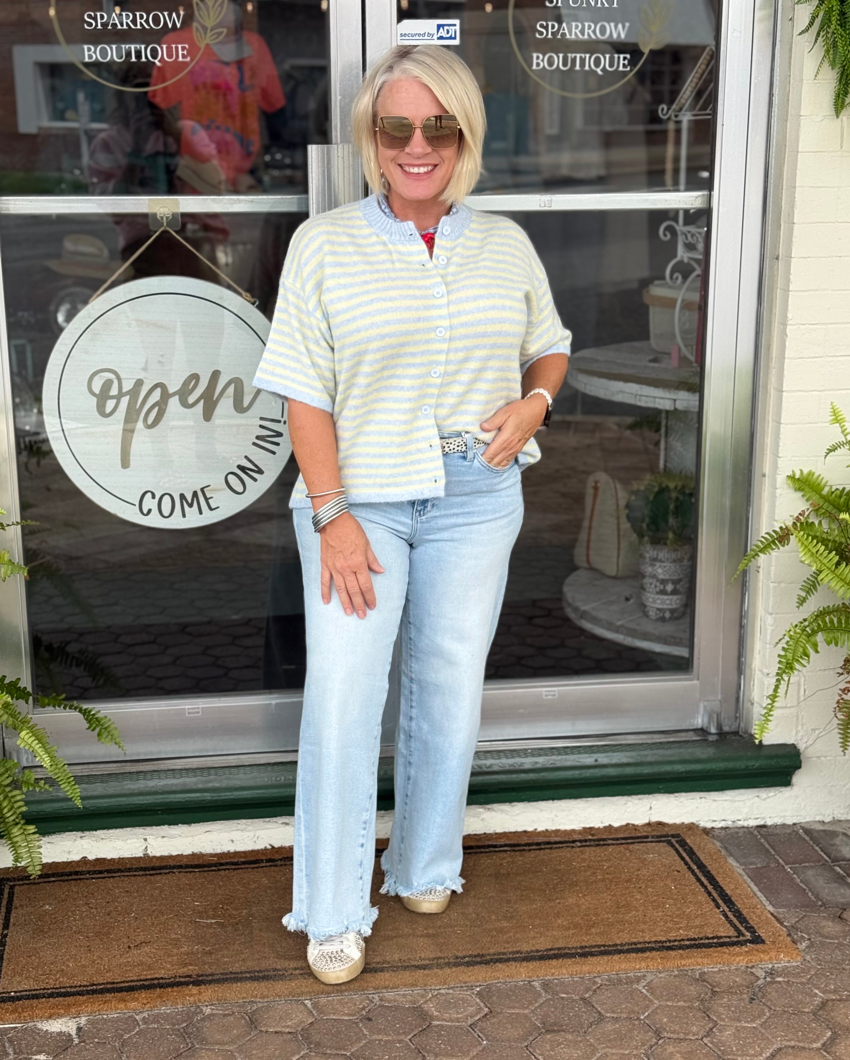 Light Blue and Yellow Striped Short Sleeve Sweater Cardigan