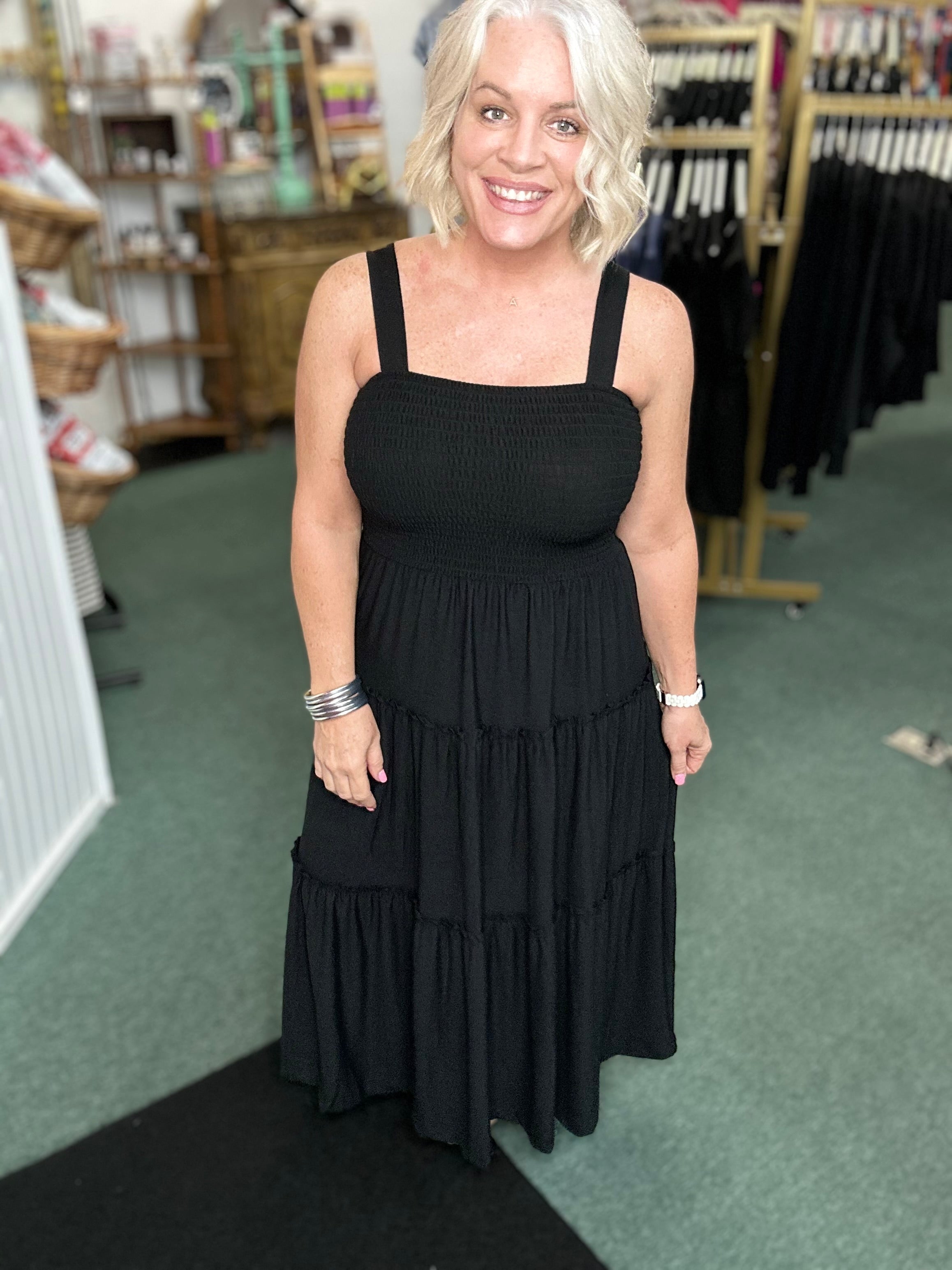 Black Smocked Tiered Midi Dress