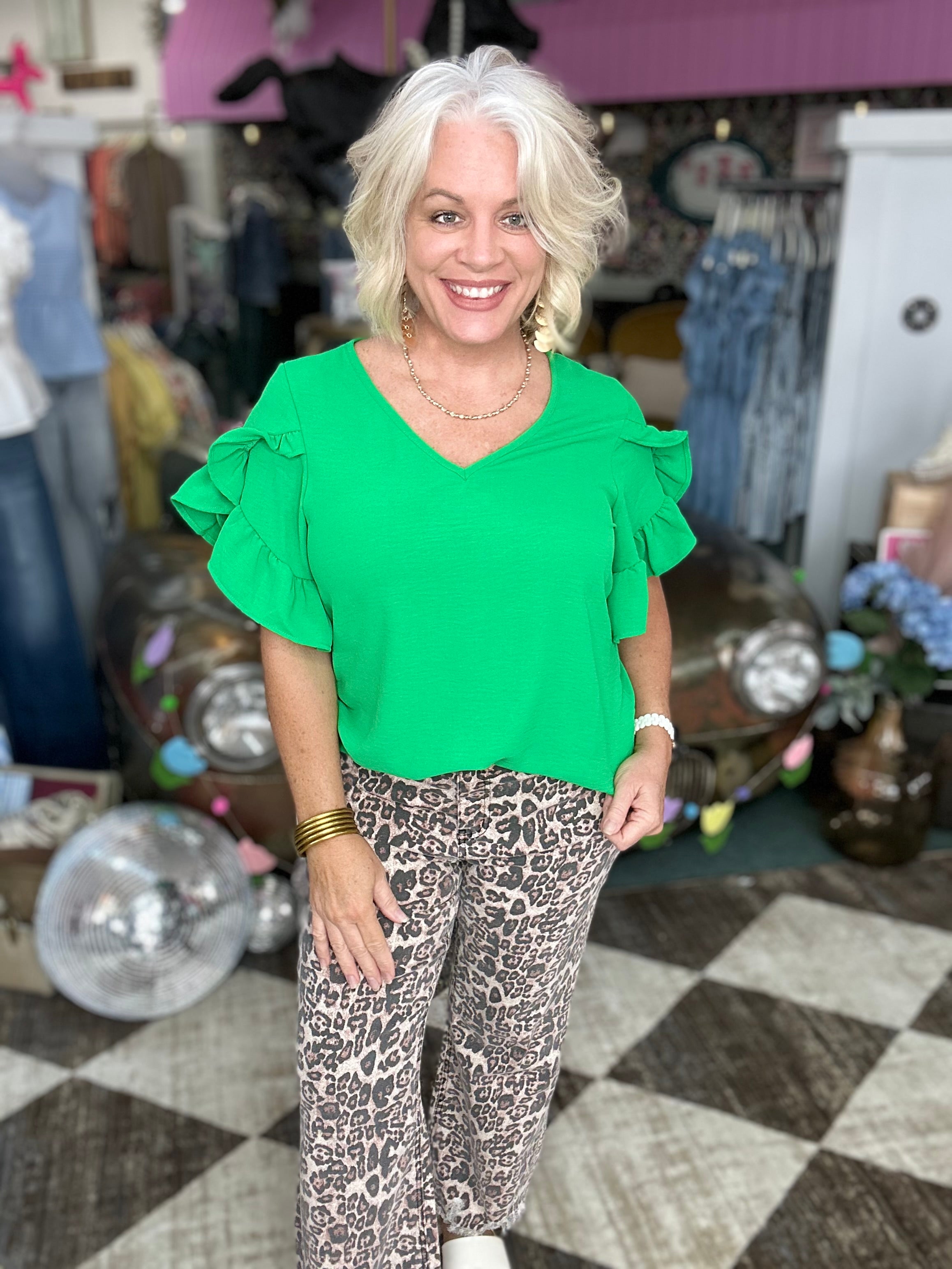 Green Ruffled Tulip Sleeve V Neck Top