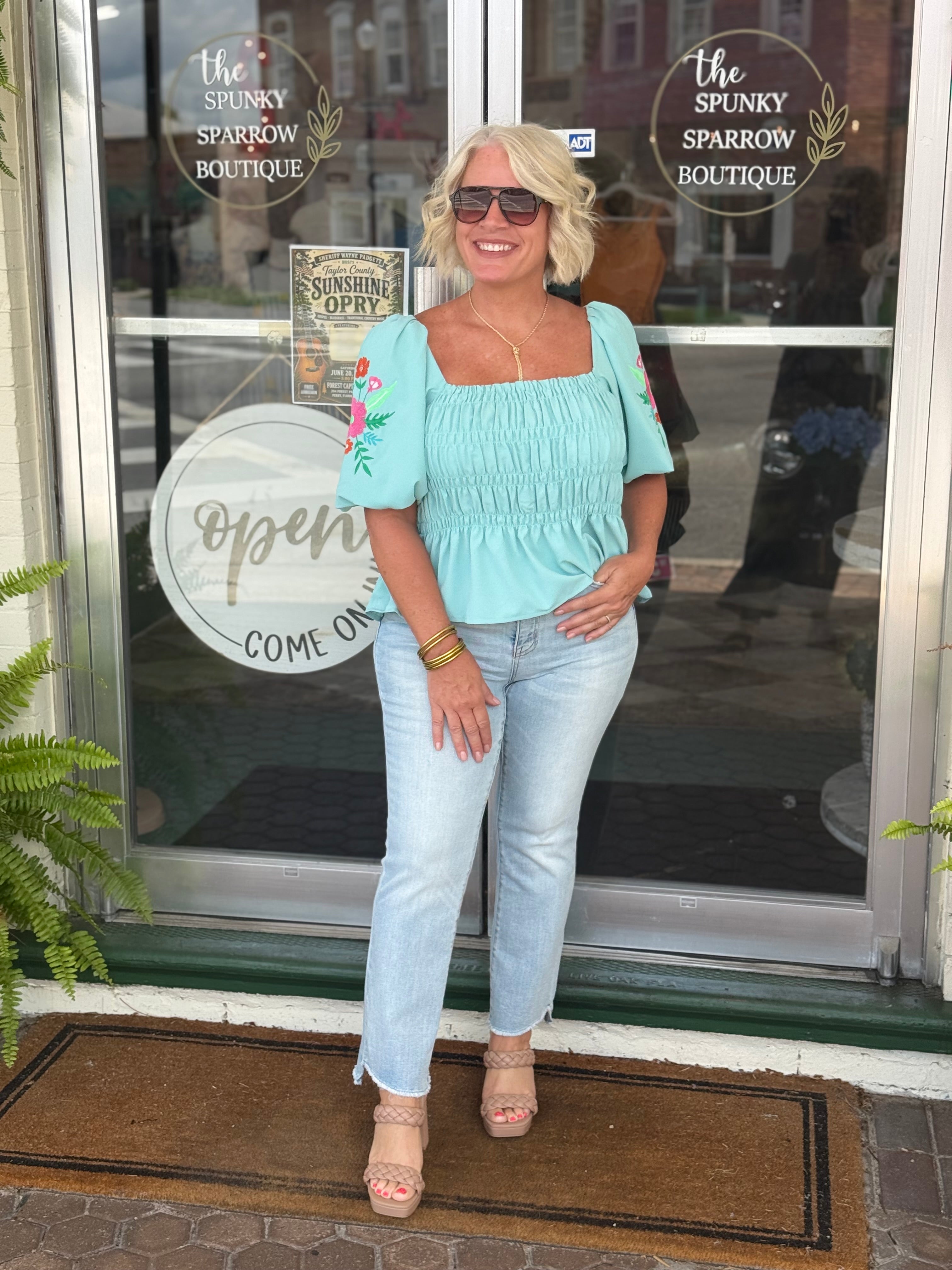 SEAFOAM Embroidery Smocked Peplum Top
