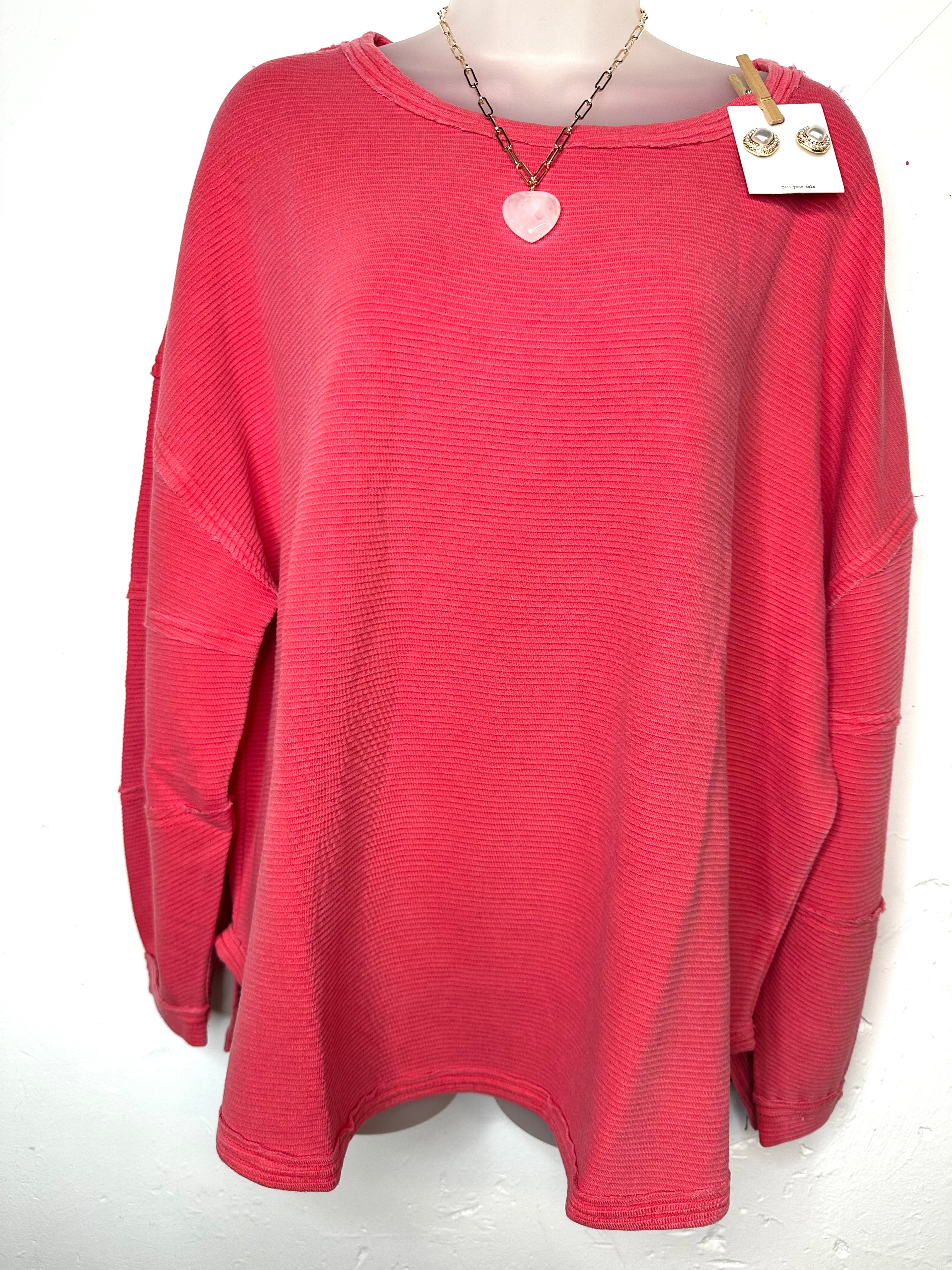 Washed Red Exposed Seam Detail Long Sleeve Knit Top