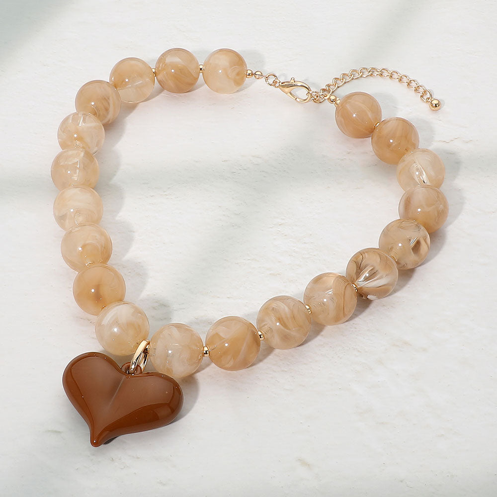 Beige Chunky Heart Pendant Beaded Necklace
