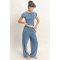 Washed Navy Rolled Sleeve Wrap-Front Crop Top and Jogger Set