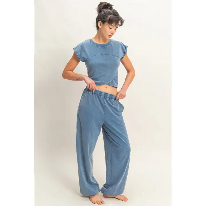 Washed Navy Rolled Sleeve Wrap-Front Crop Top and Jogger Set