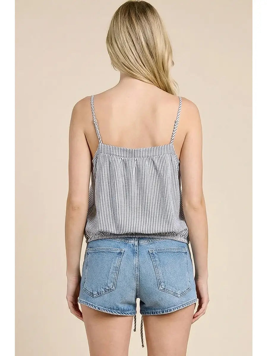 NAVY Striped Coastal Drawstring Button-Up Tank Top