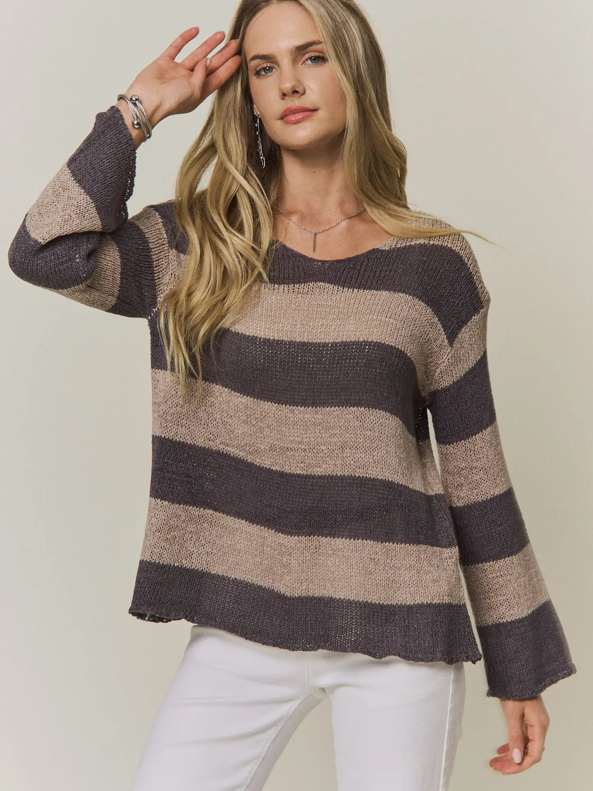 Dark Grey and Taupe Striped Lightweight Knit Sweater