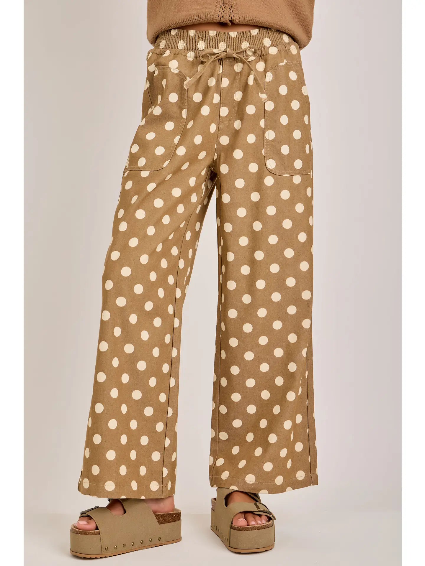 Taupe Relaxed Wide Leg Soft Polka Dot Drawstring Pants