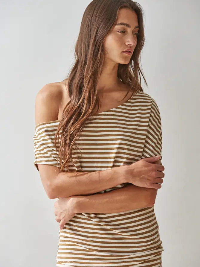 Cream Mocha Striped Asymmetrical Top