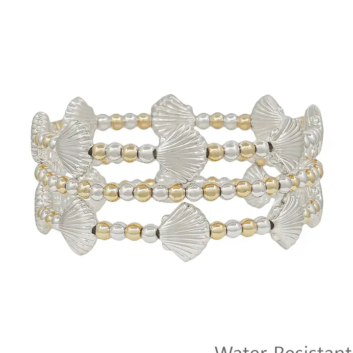 Water Resistant Set of 3 Gold and Silver Shell Beaded Stretch Bracelets