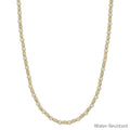 Gold and silver textured necklace featuring an oval pendant and adjustable length, labeled as water-resistant.