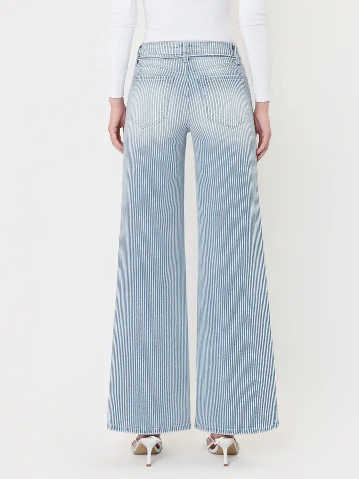 Vervet High Rise Waist Tie Striped Wide Leg Jeans
