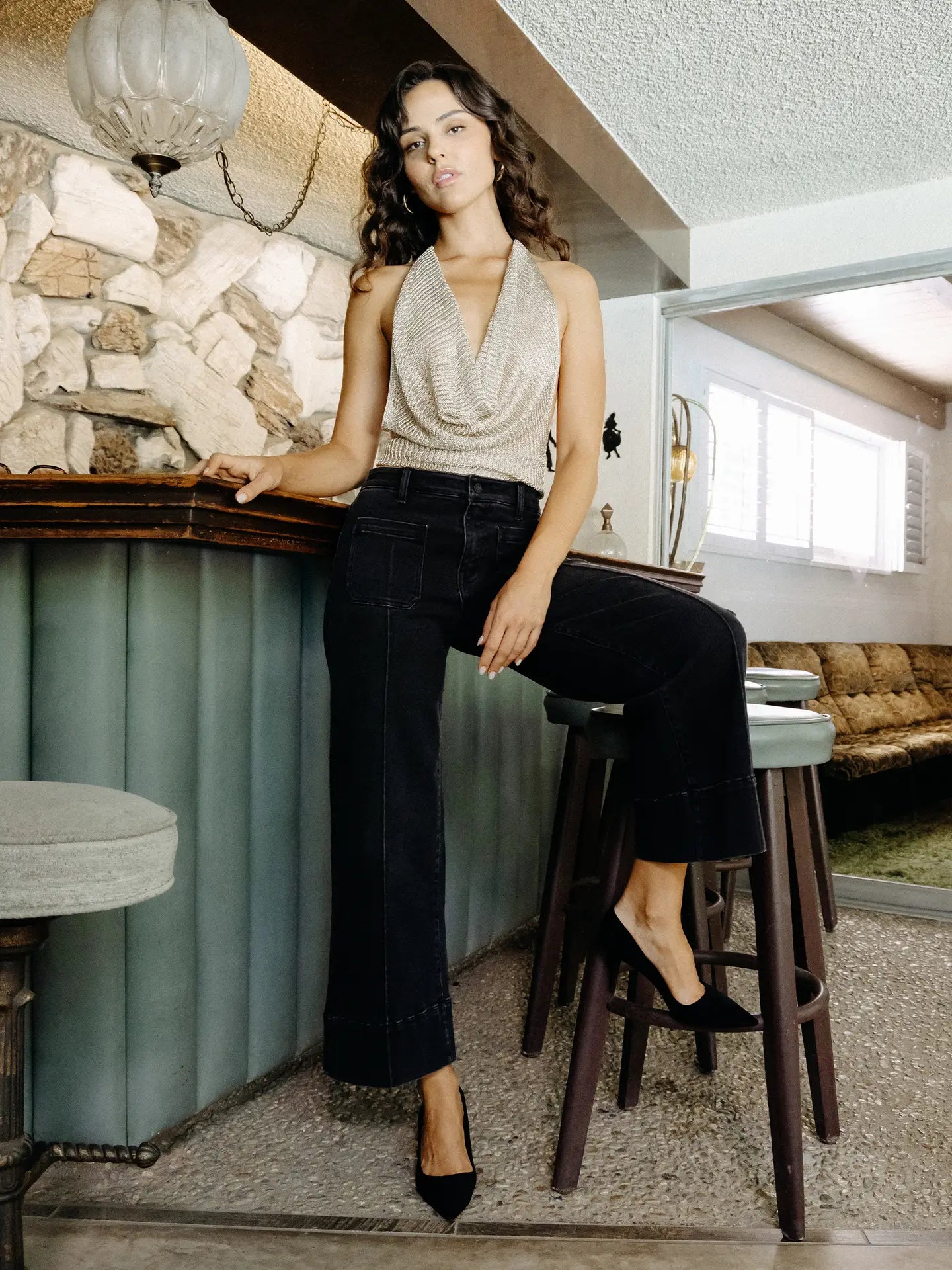 Vervet High Rise Patch Pocket Pin Tuck Black Wide Leg Jeans