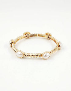 Ribbed Gold Textured and Pearl Stretch Bracelet