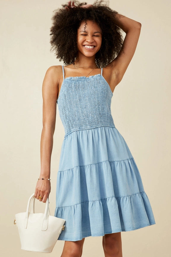 Light Denim Smocked Tiered Mini Dress