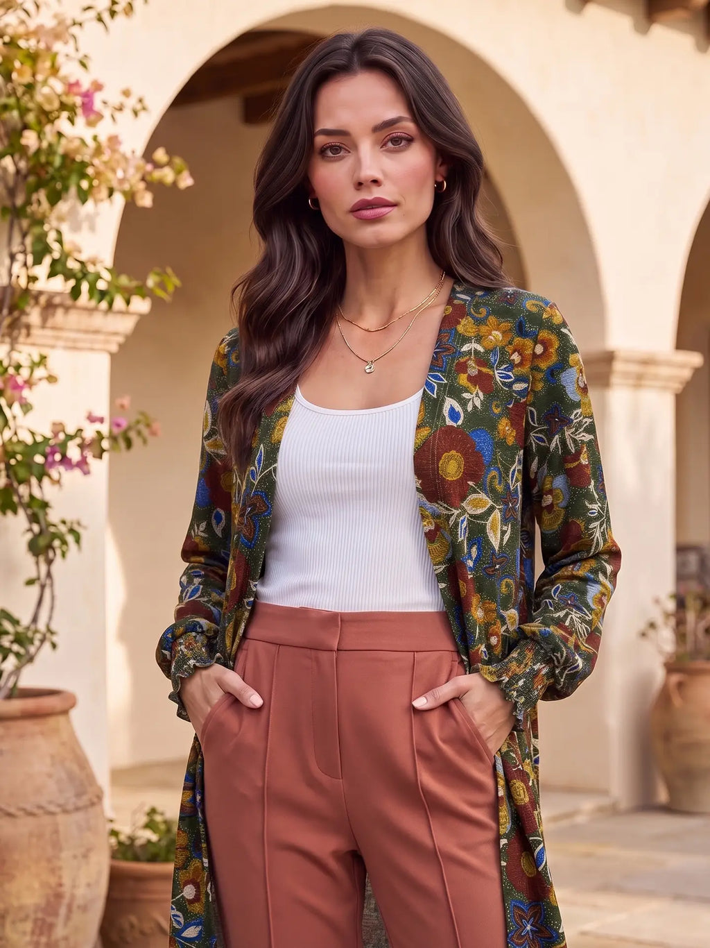 Open Front Smocked Sleeve Flowy Cardigan