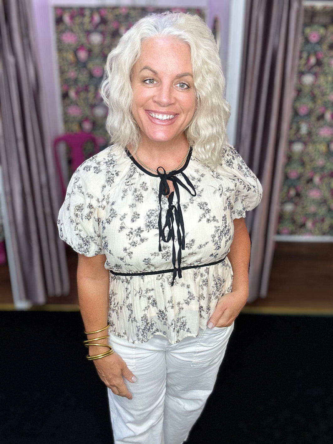 Womens Double Bow Detail Textured Floral Top