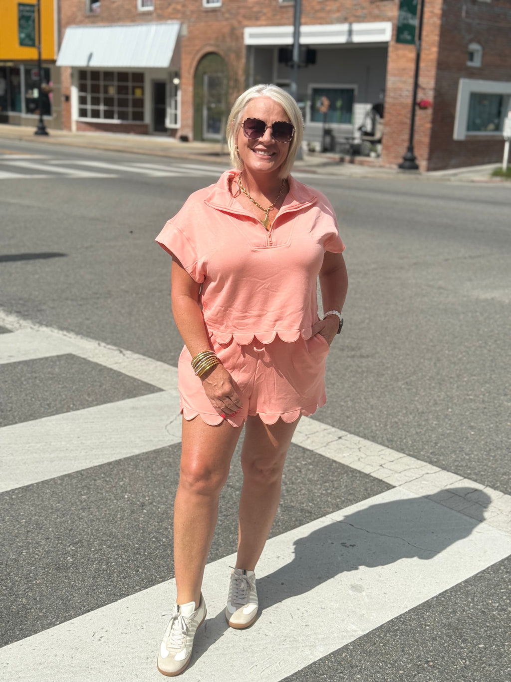 Coral Half-Zip Scallop Active Shorts Set