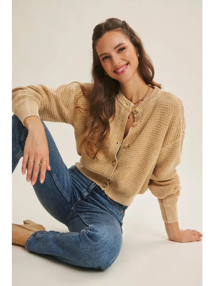 BEIGE Mineral-Washed Cable Knit Cardigan