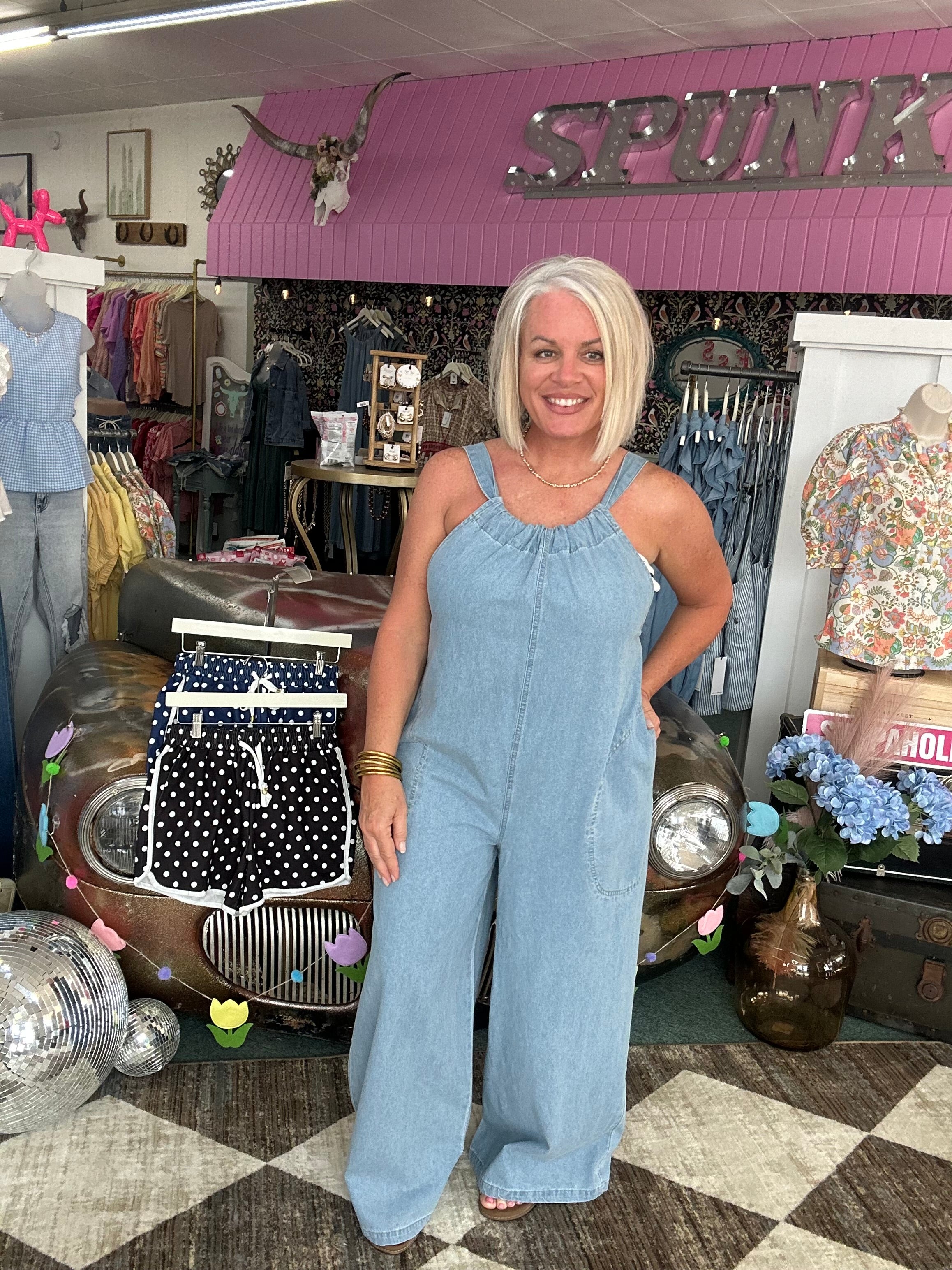 Light Blue Denim Adjustable Strap Jumpsuit