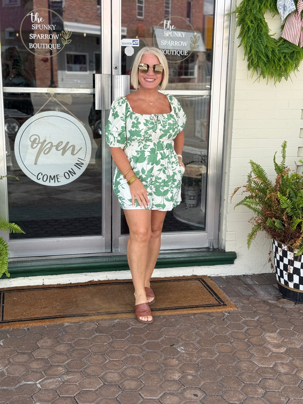 Green Floral Puff Sleeve Square Neck Smocked Romper