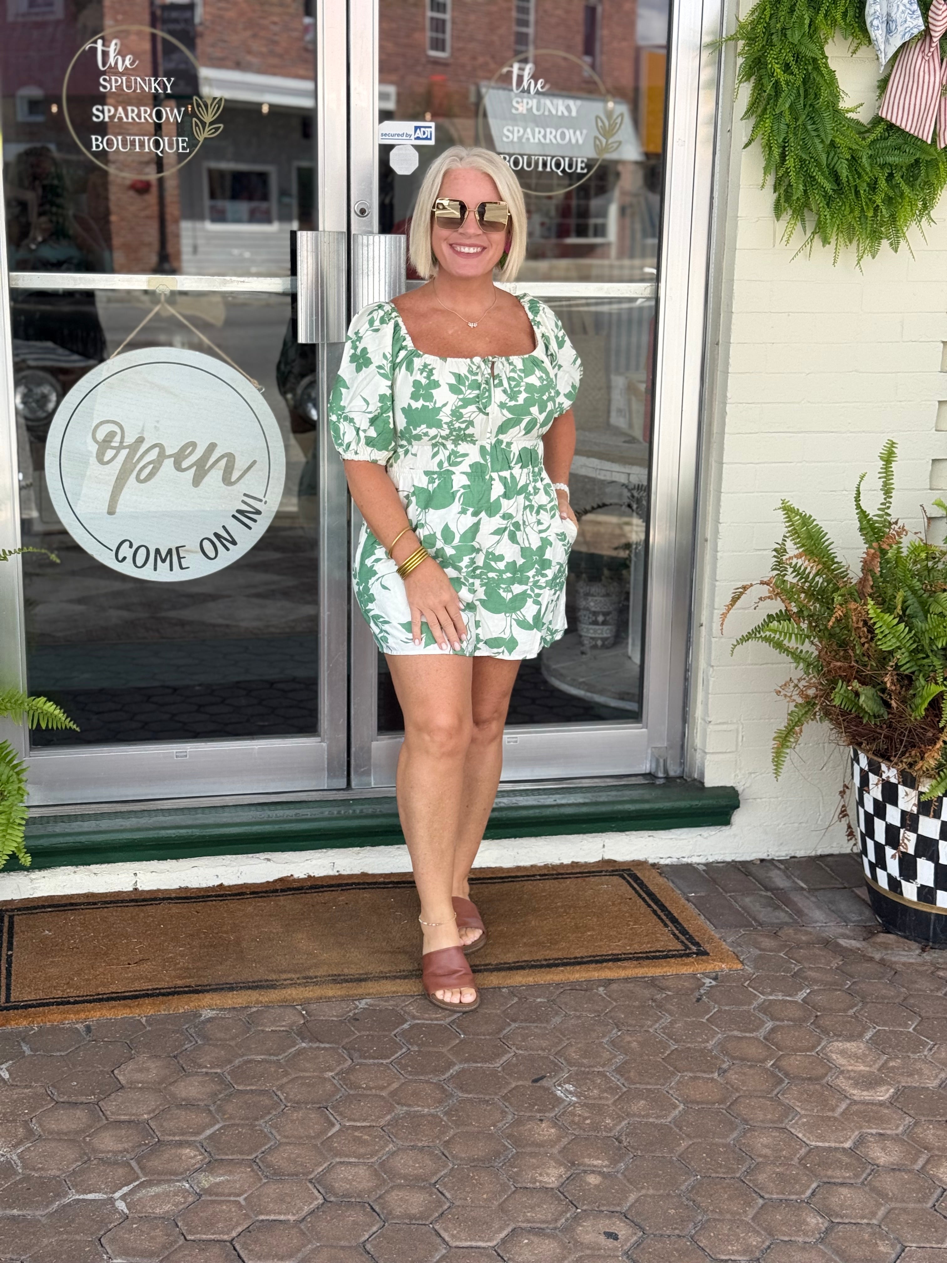 Green Floral Puff Sleeve Square Neck Smocked Romper