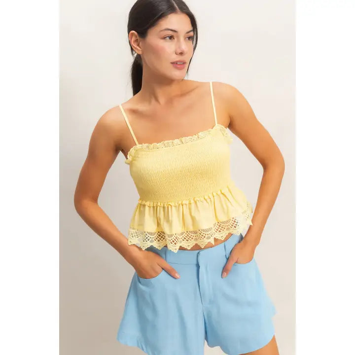 Yellow Smocked Peplum Top with Lace Trim