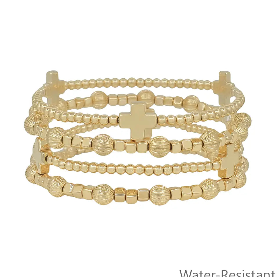 Water Resistant Gold Beaded with Cross Set of 4 Stretch Bracelets