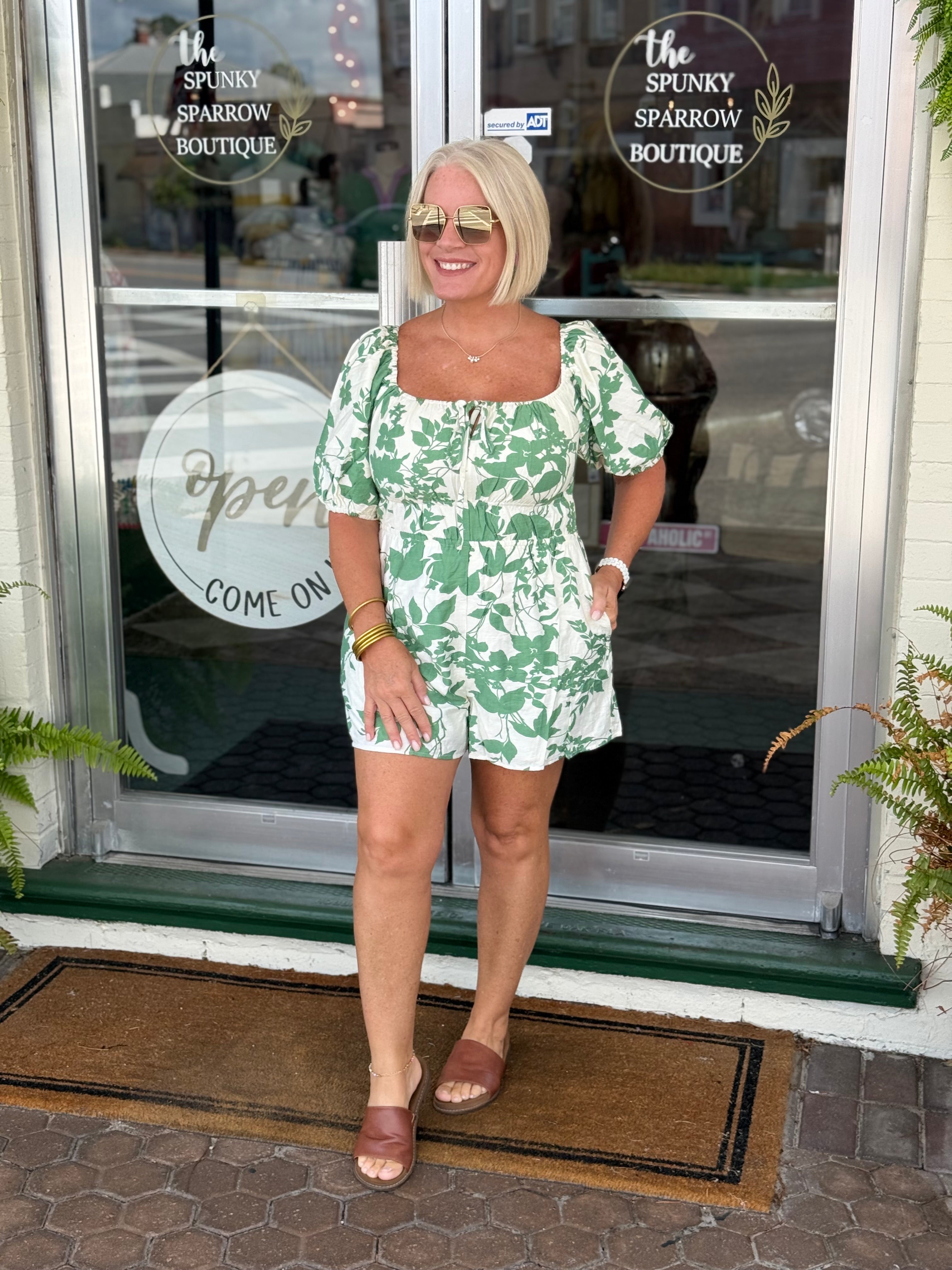 Green Floral Puff Sleeve Square Neck Smocked Romper