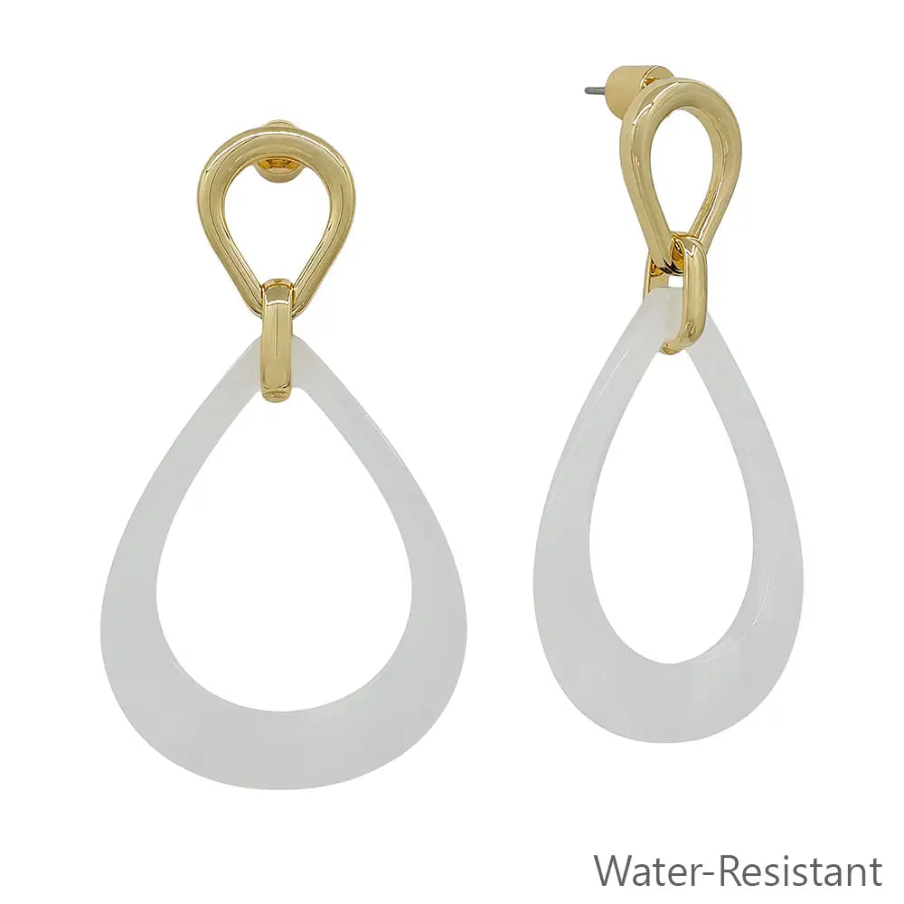 Water Resistant Gold with White Resin Open Teardrop 2" Earring