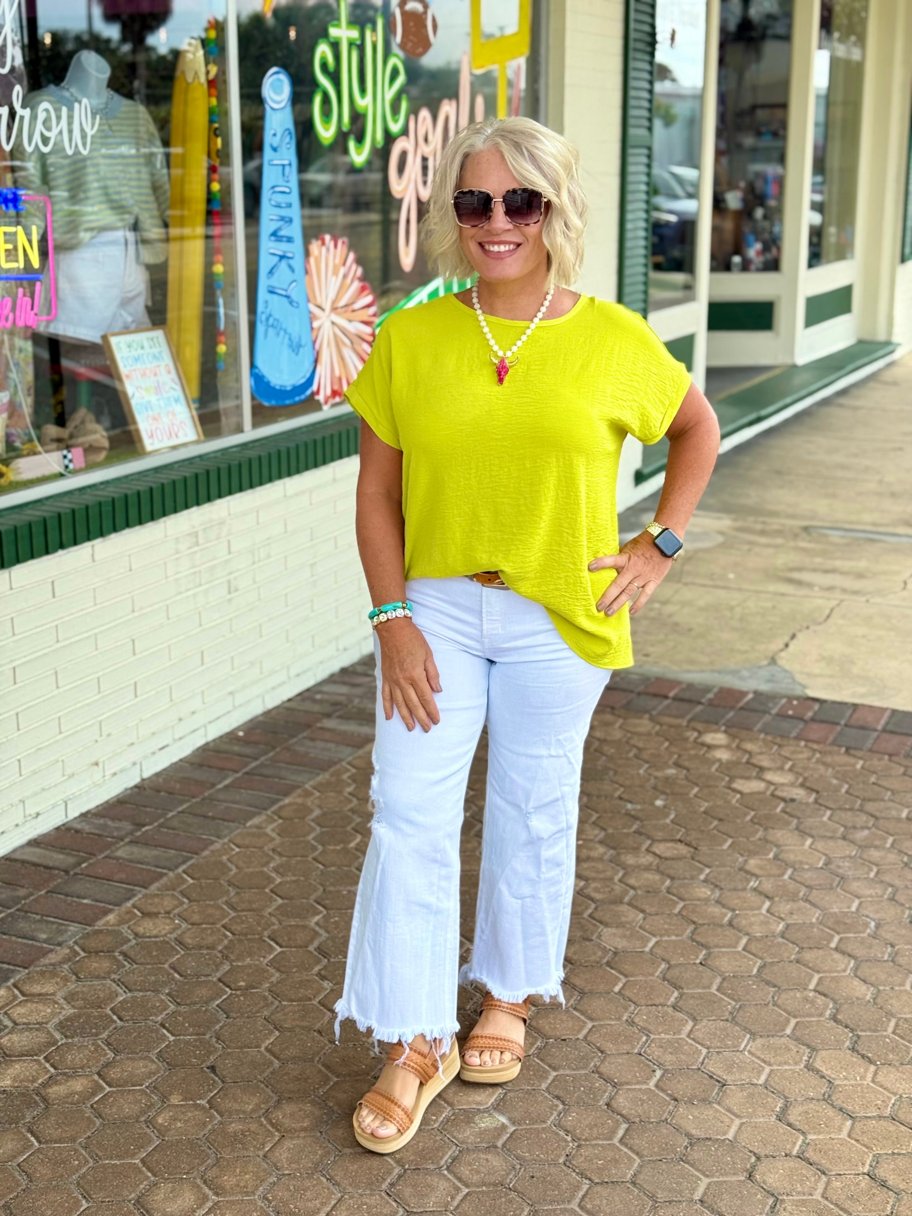 Lime Airflow Round Neck Dolman Short Sleeve Woven Top