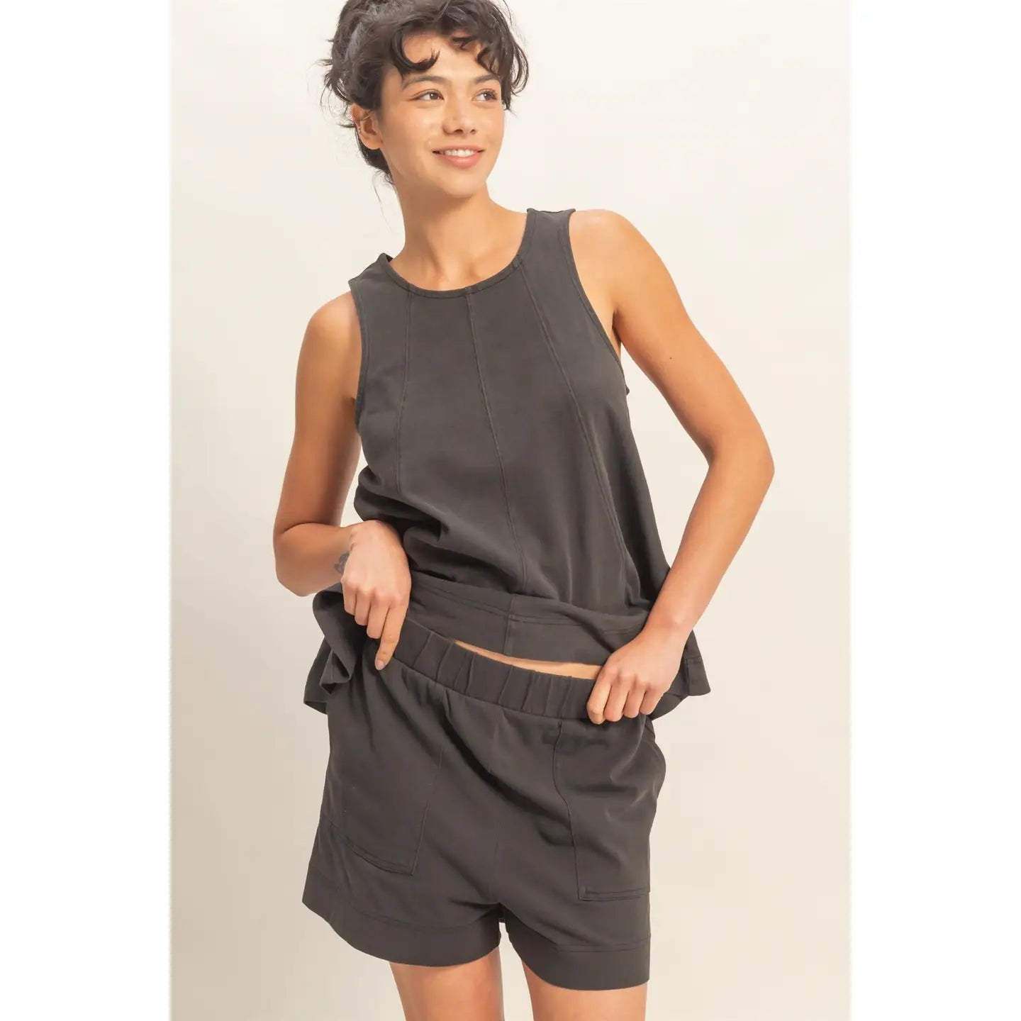 Sleeveless Round Neck Top & Shorts Set IN WASHED BLACK