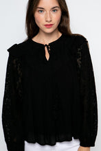 Load image into Gallery viewer, FLOATY LACE COMBO TASSEL TIE FRONT BABY DOLL TOP IN BLACK
