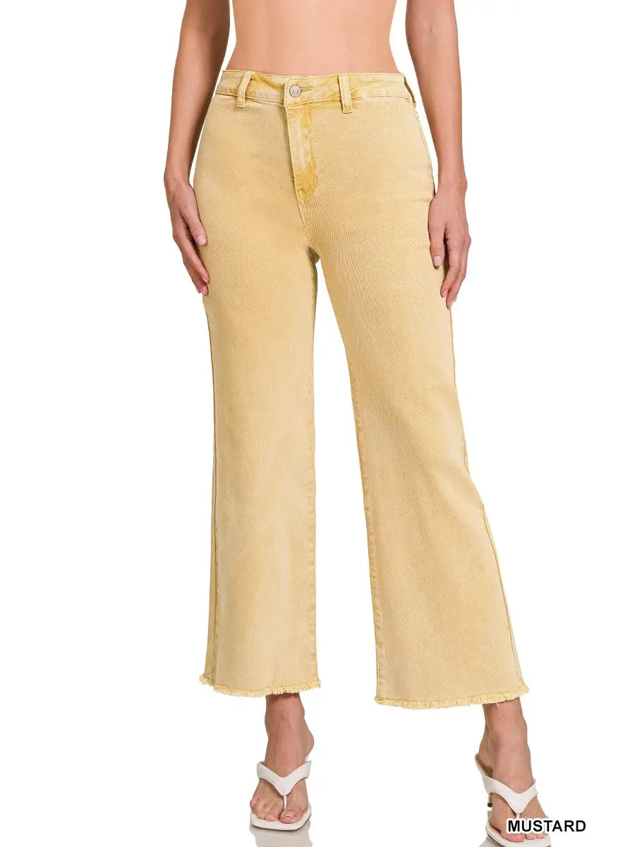 Mustard Acid Washed Frayed Cutoff Hem Straight Wide Pants