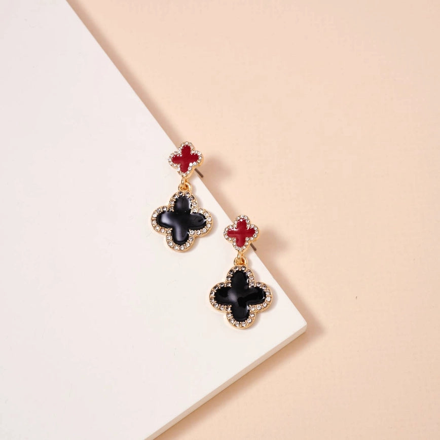 Game Day Enamel Flower Dangling Earrings in garnet and black