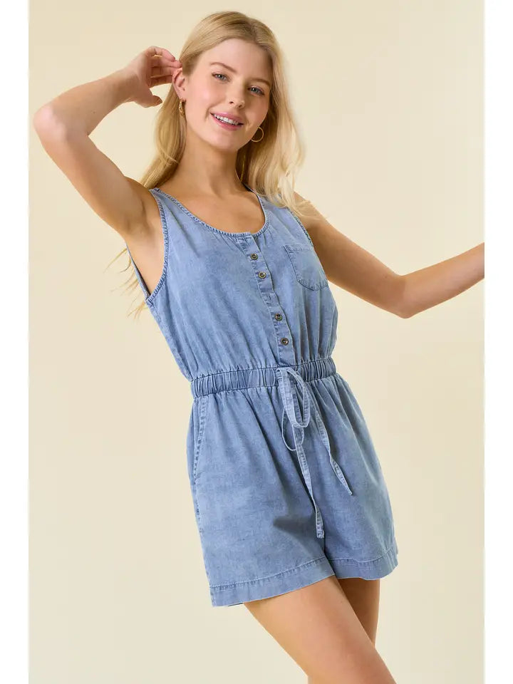 Light Denim Sleeveless Drawstring Waist Henley Romper