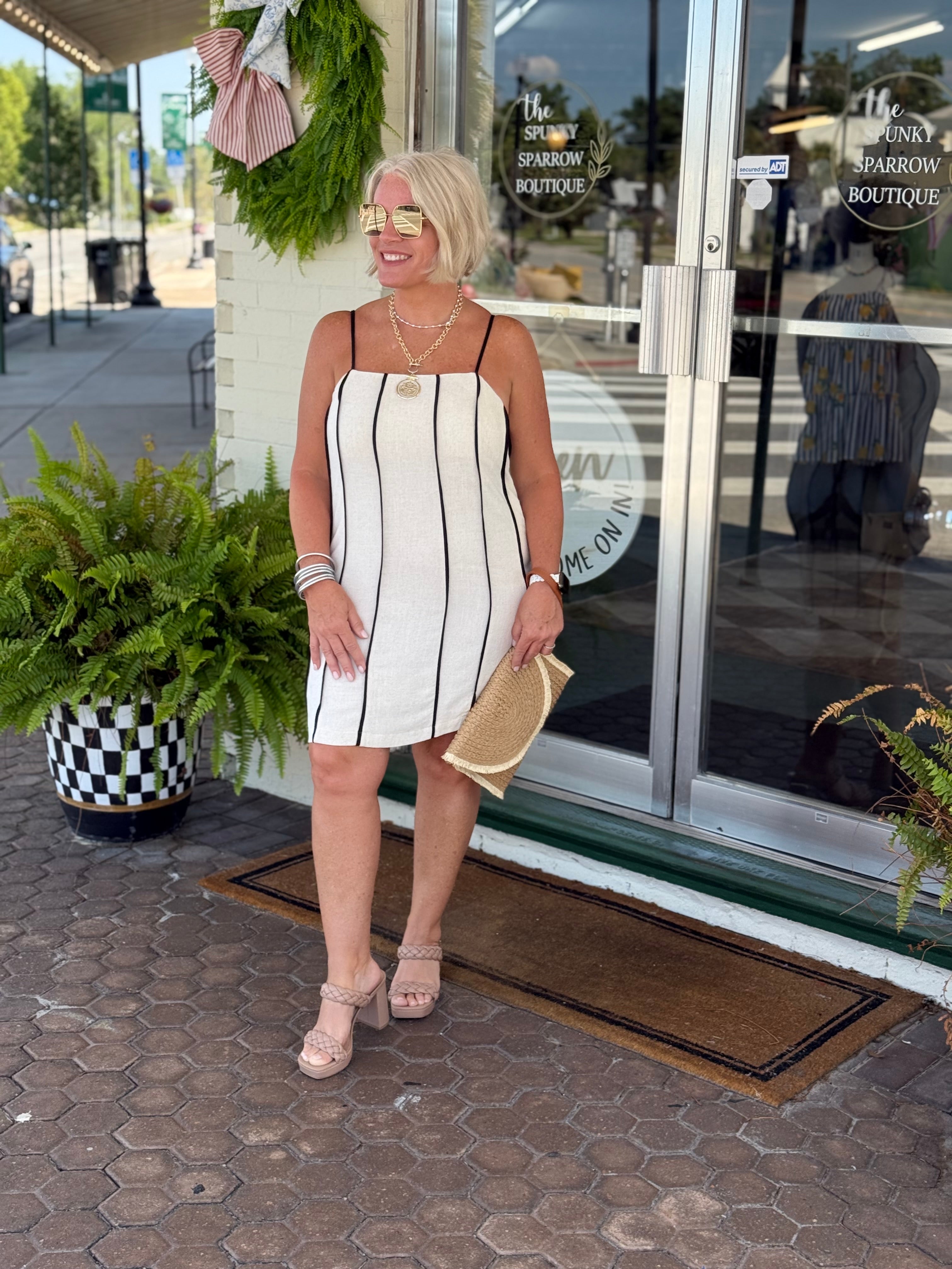 Contrast Stripe Spaghetti Strap Linen Mini Dress