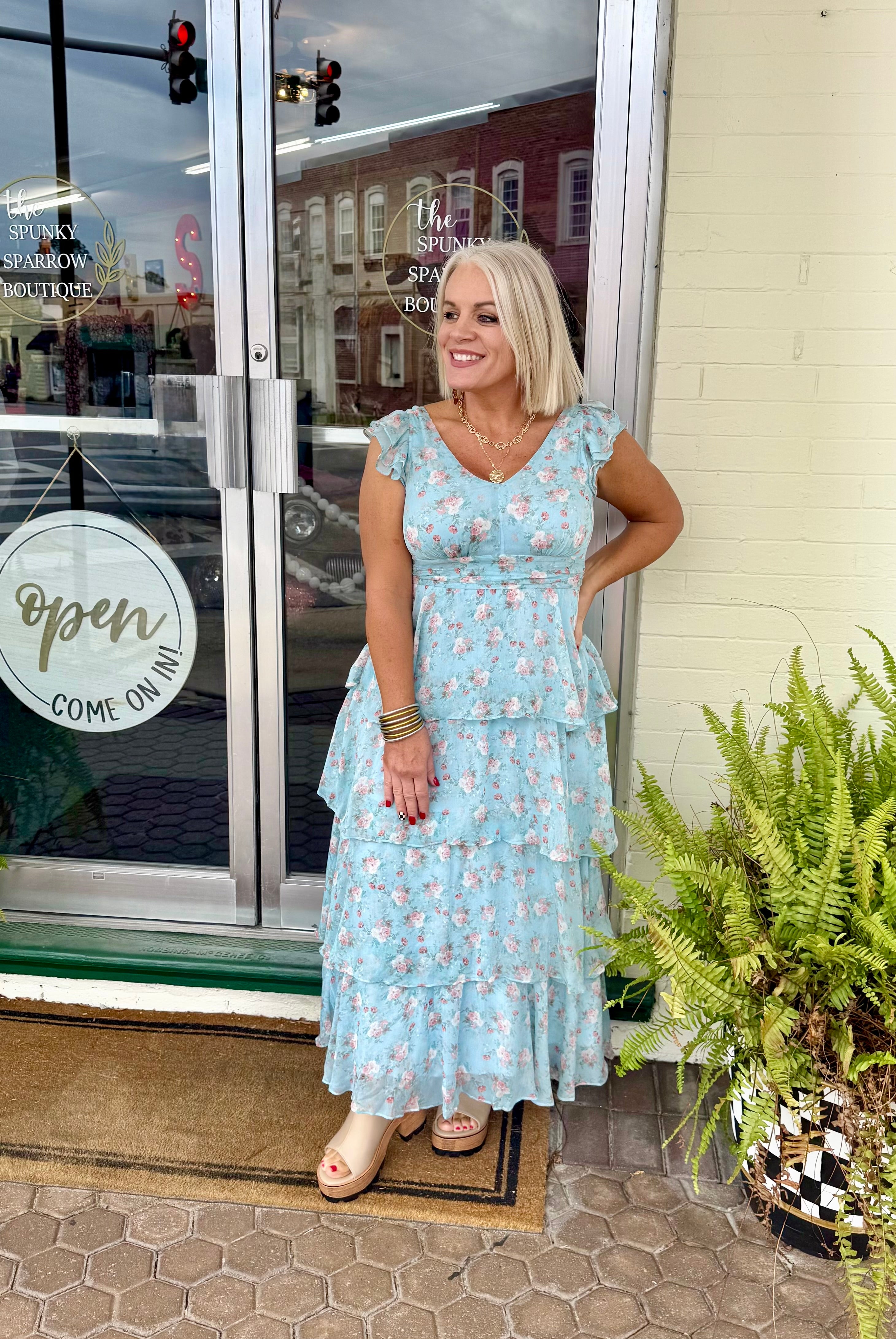 Dusty Blue Tiered Chiffon Floral Dress