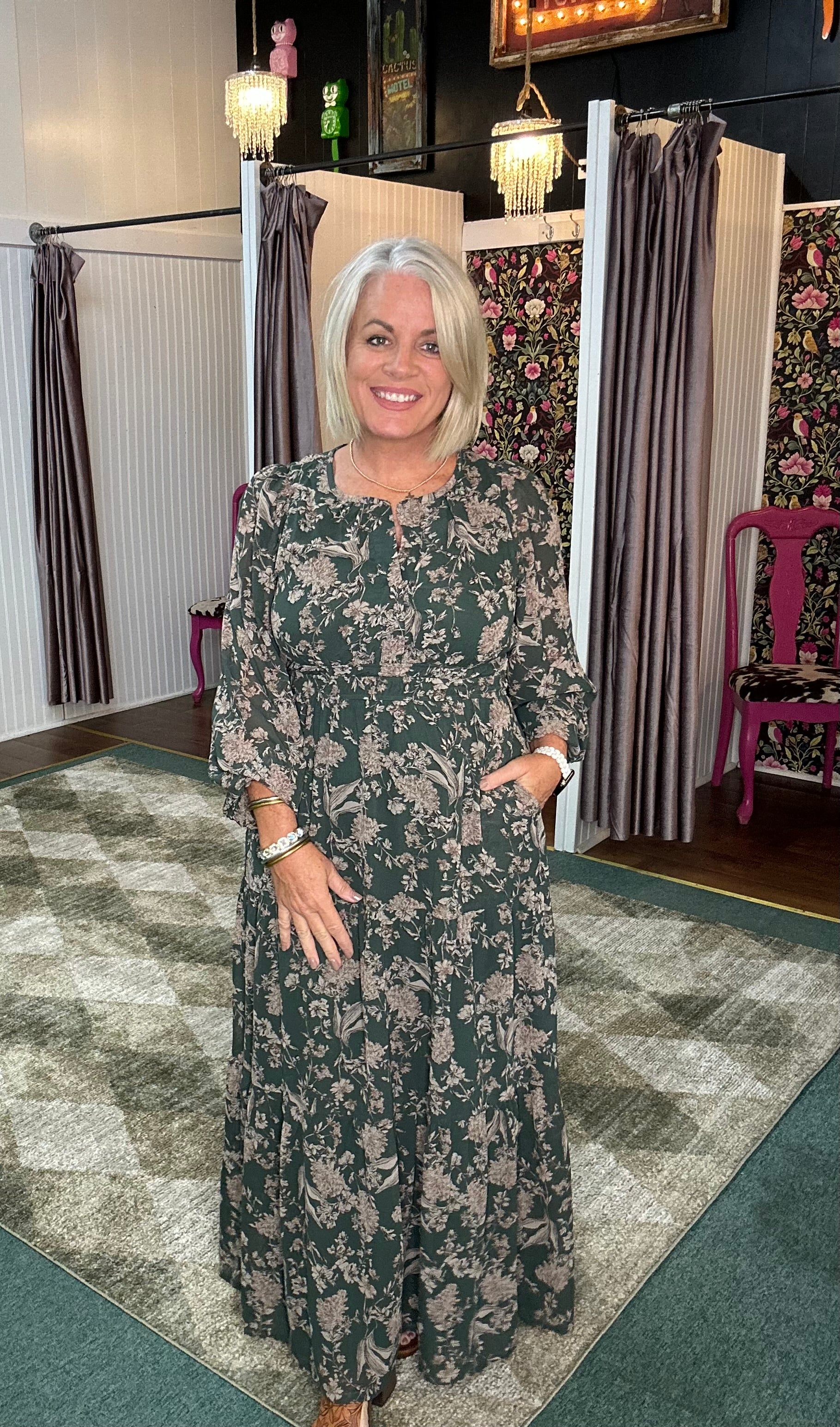 HUNTER GREEN PRINTED TIERED DRESS