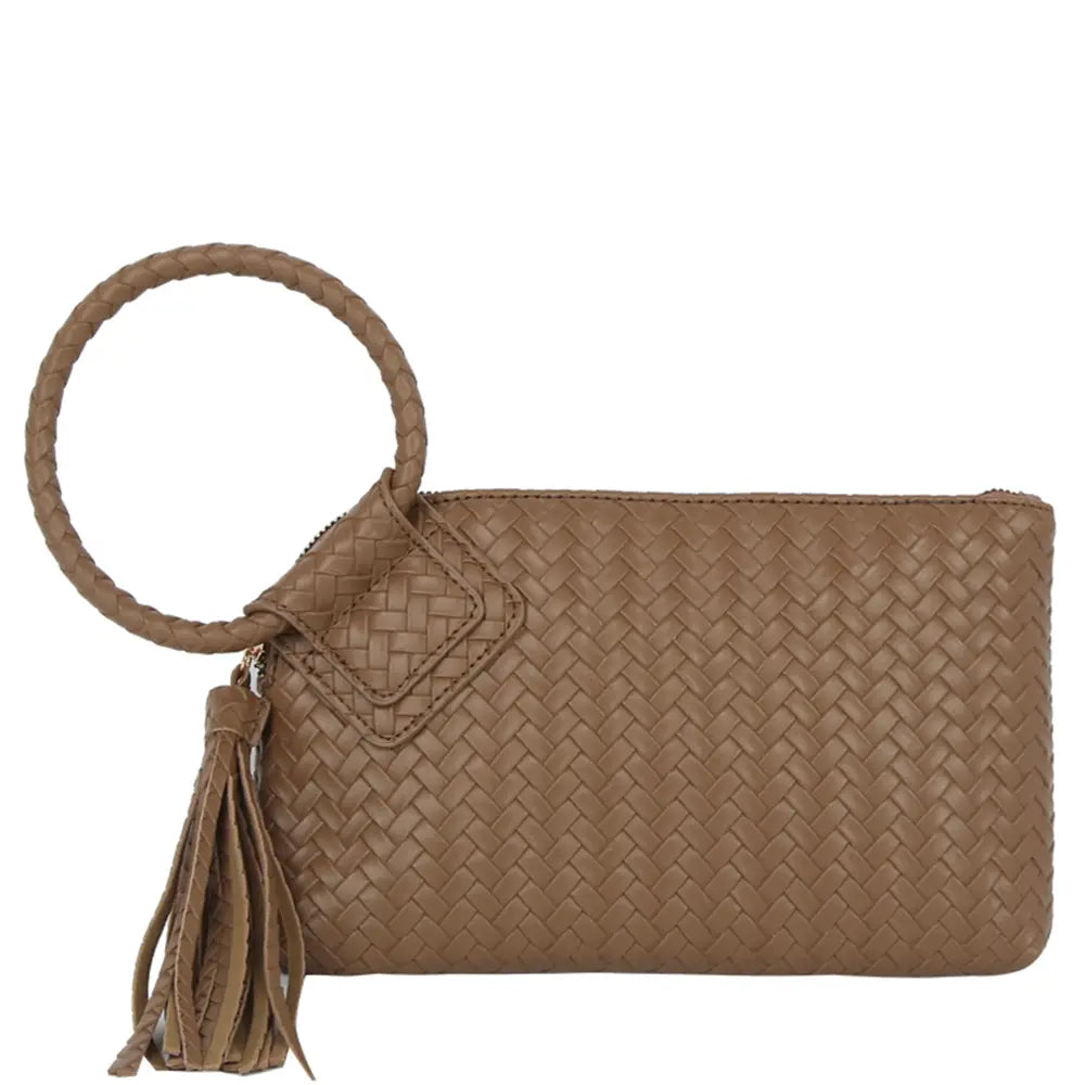 MOCHA WOVEN WRISTLET CLUTCH BAG