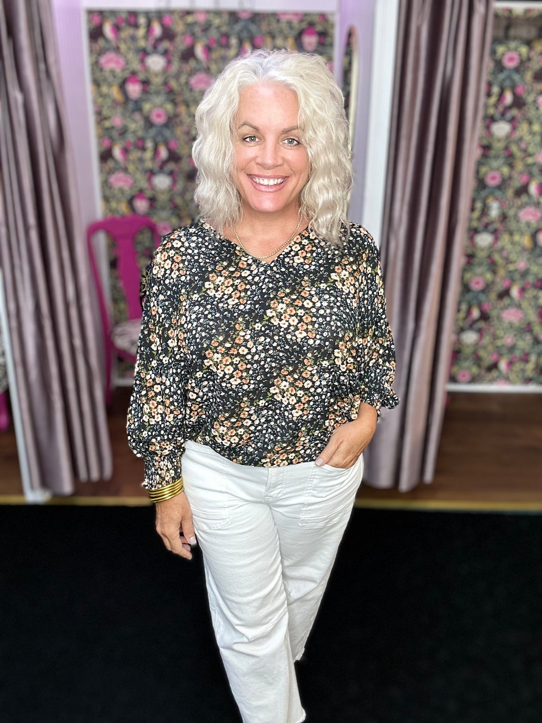 Smocked Cuff Floral Dolman Top
