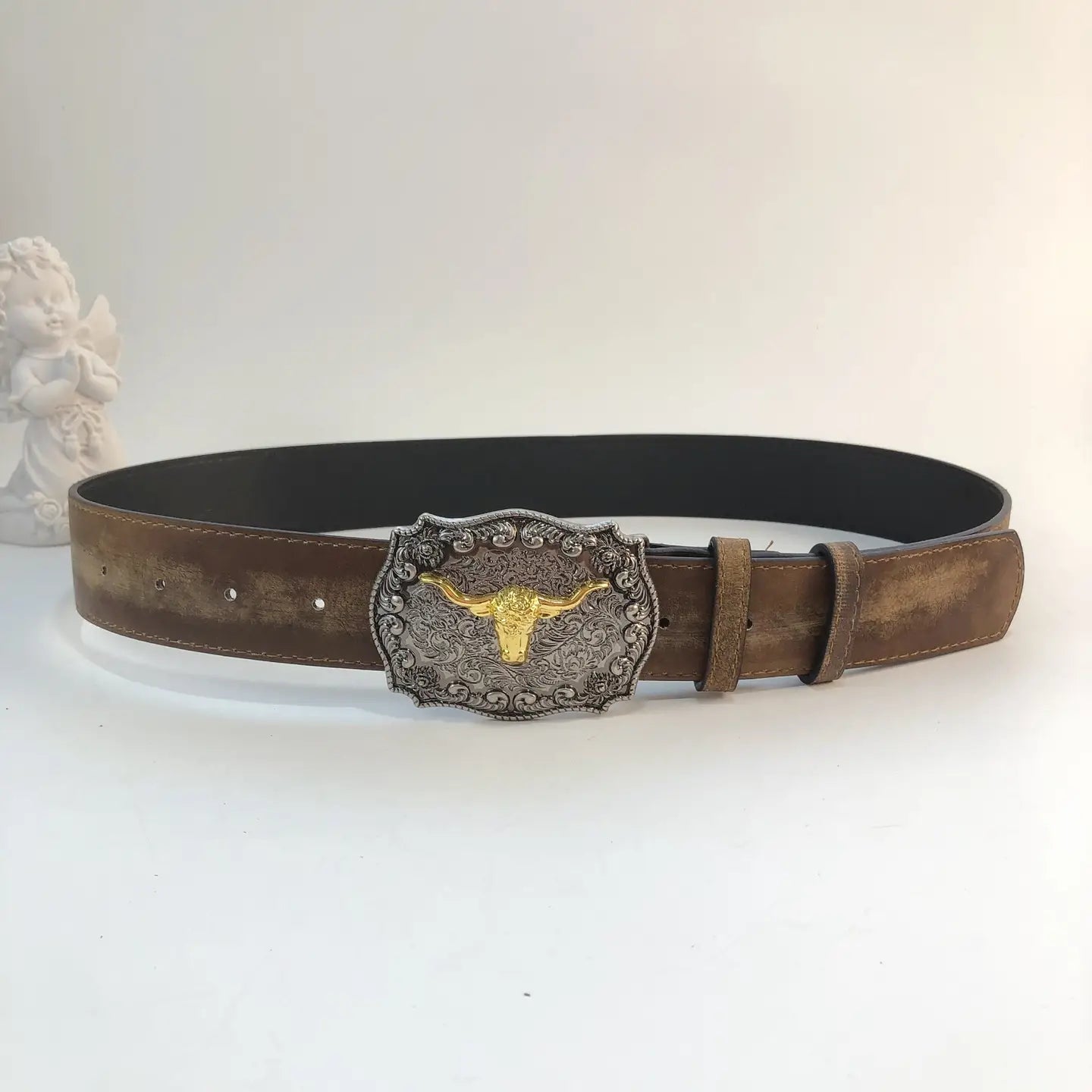 Retro Western Cowboy Belt with Bull Head Buckle