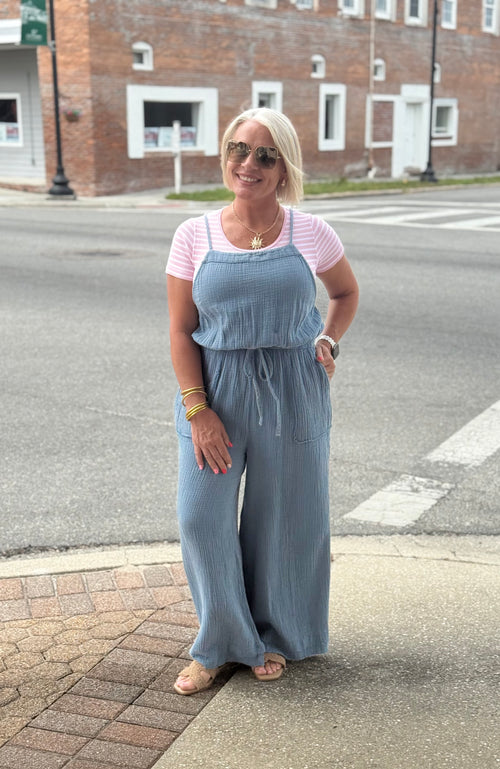 Blue Acid Wash Cotton Gauze Jumpsuit