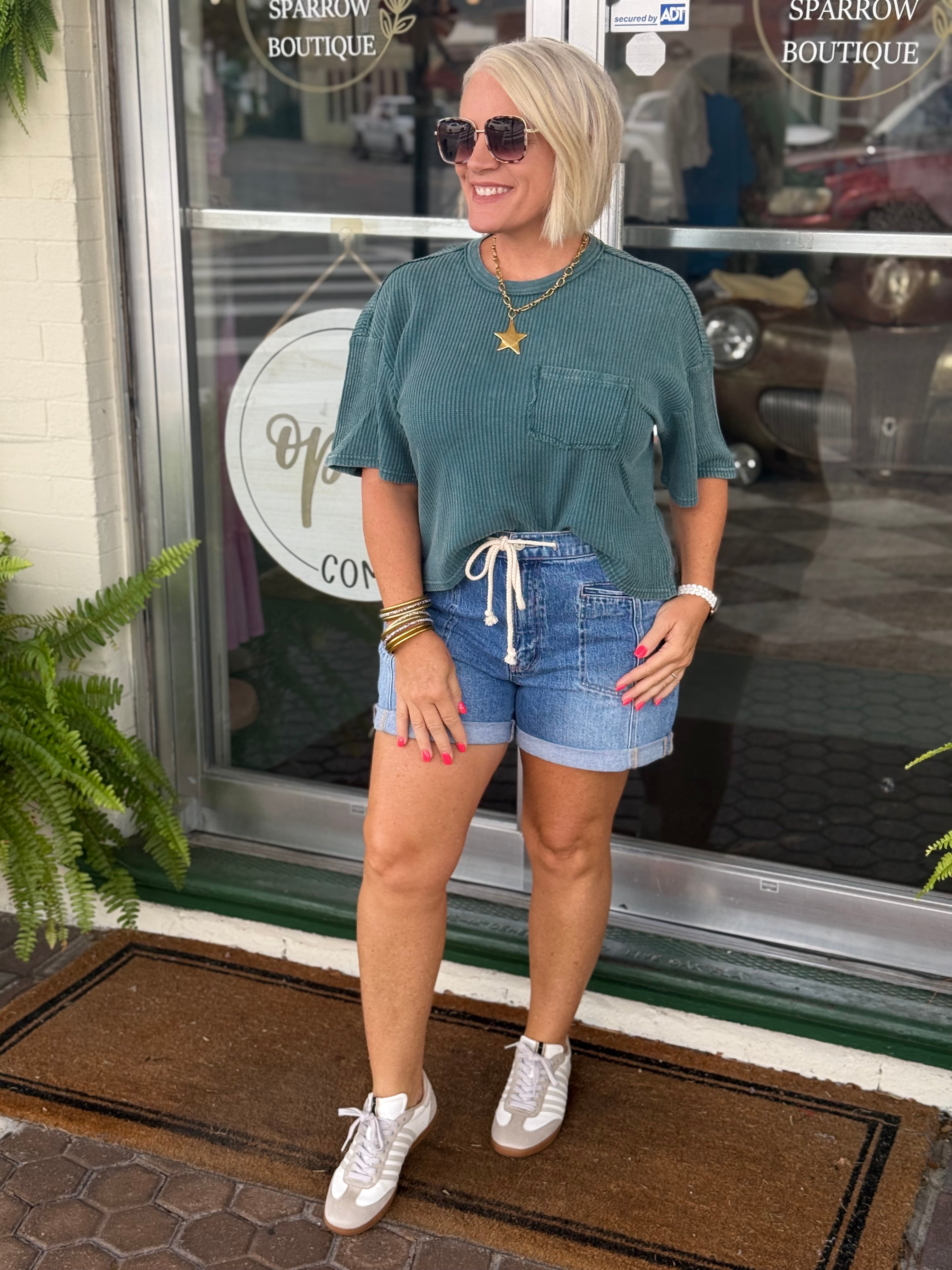 Waffle short sleeve top in dark teal