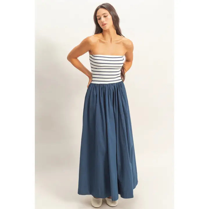 Navy Striped Strapless Flowy Midi Dress