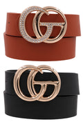 Rhinestone Metal Buckle Faux Leather Belt Set Black and Red Fox Brown