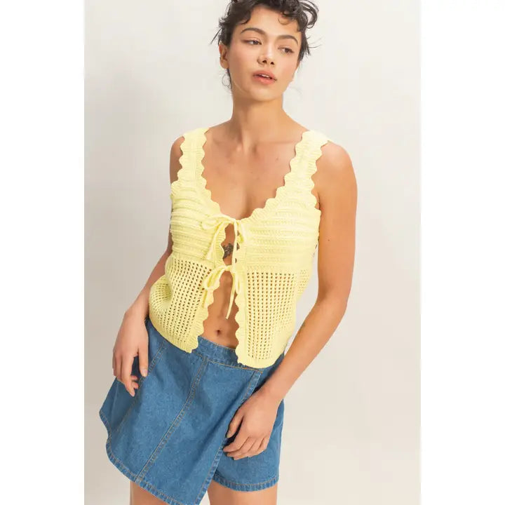Pale Yellow Sleeveless Open Knit Double Tie-Front Vest