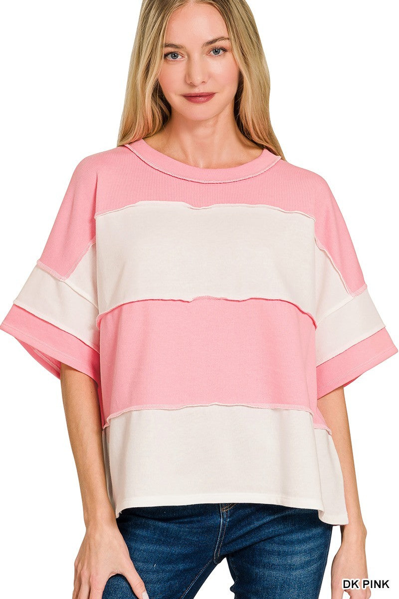 Pink French Terry Color Block Exposed Seam Top