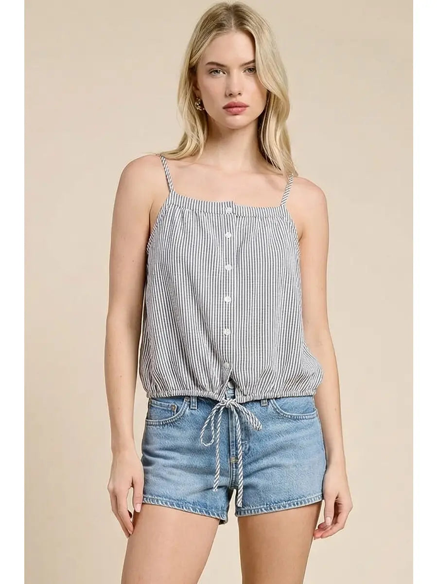 NAVY Striped Coastal Drawstring Button-Up Tank Top