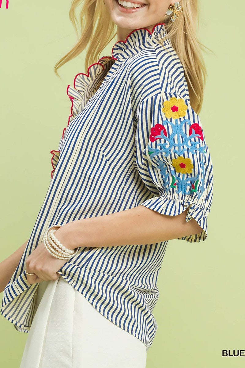 Blue Stripe Embroidered Ruffle Trim Blouse