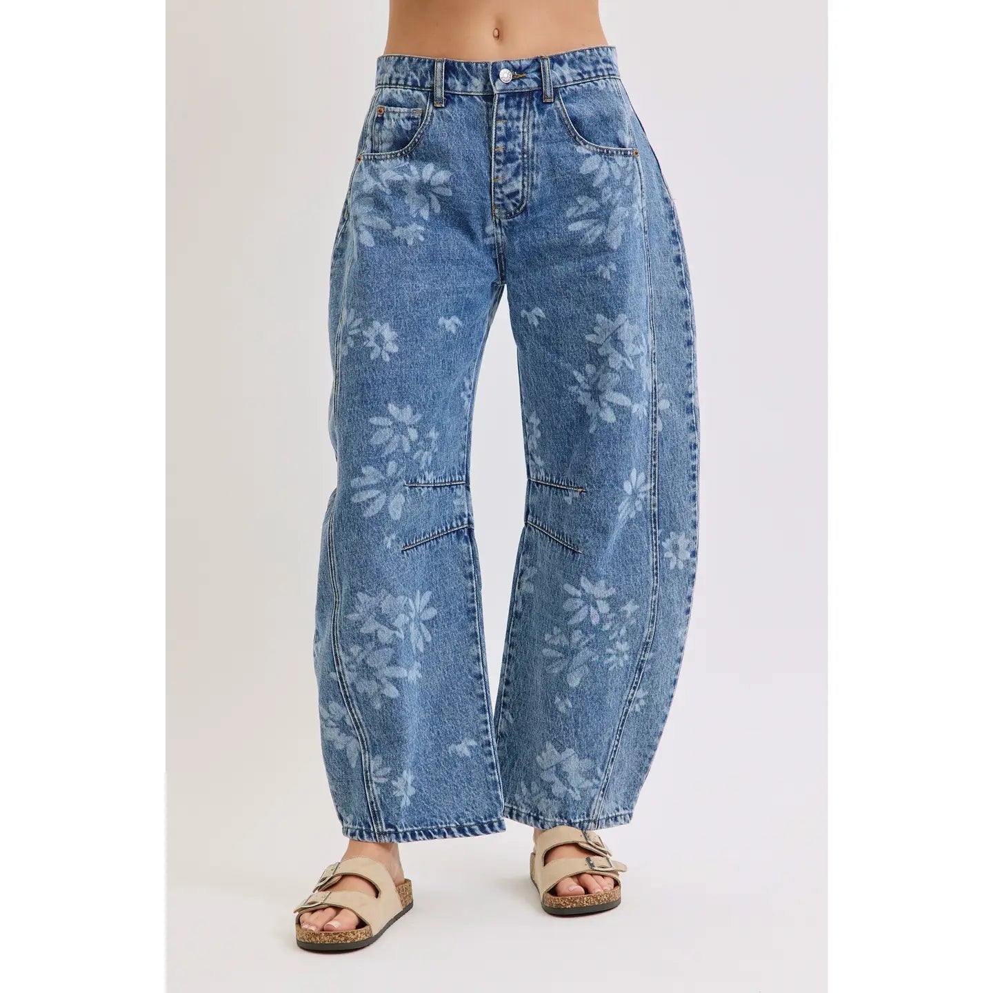 FLORAL PRINT DENIM BARREL JEANS